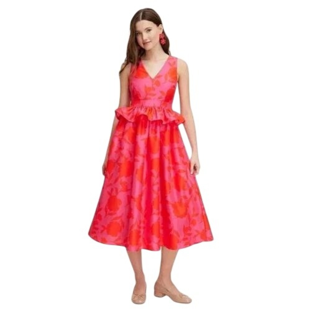 Kate Spade Floral Peplum Midi Dress Womens 6 Pink Orange Jacquard V-Neck